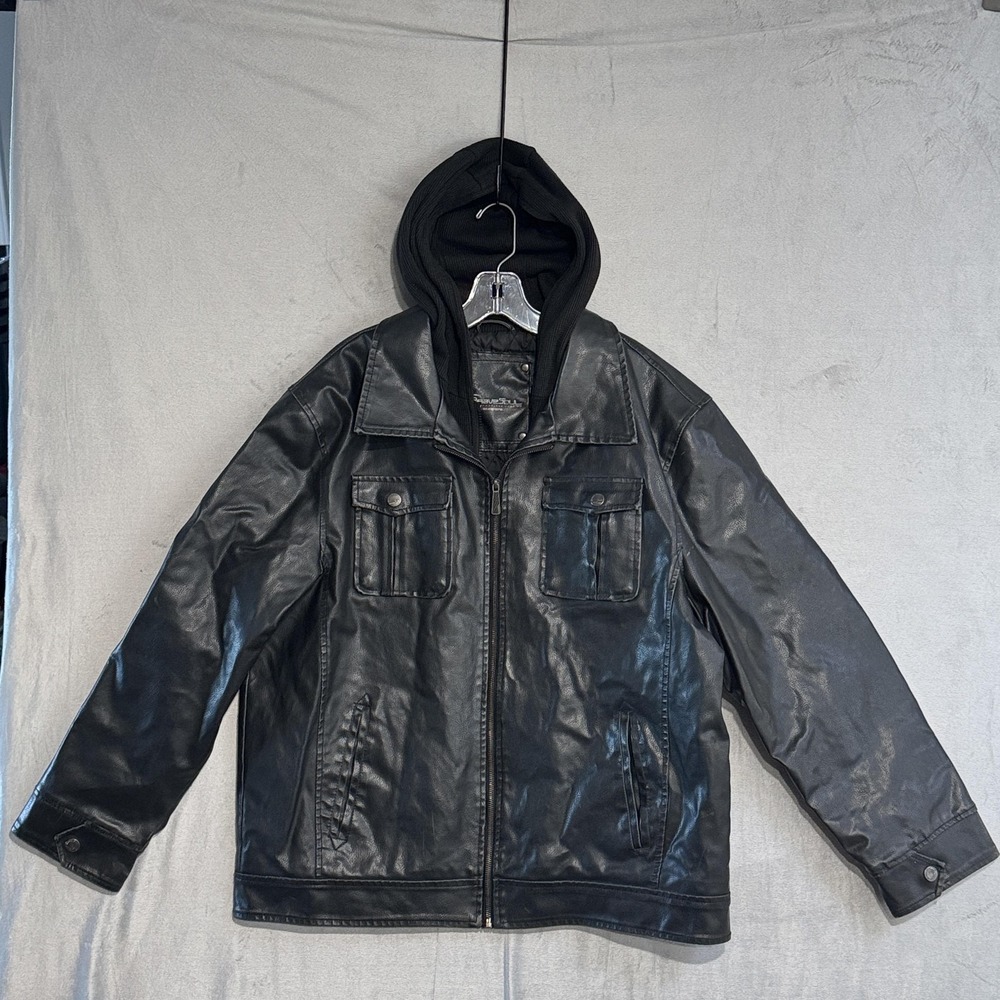 Brave‎ Soul Jacket Mens 2XL Black Faux Leather Hooded Motorcycle Zip Pockets